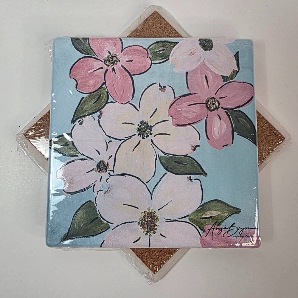 Pink Dogwood Flower Sandstone Coaster Set of 4 - Cottage Floral Absorbent - Picture 2 of 6